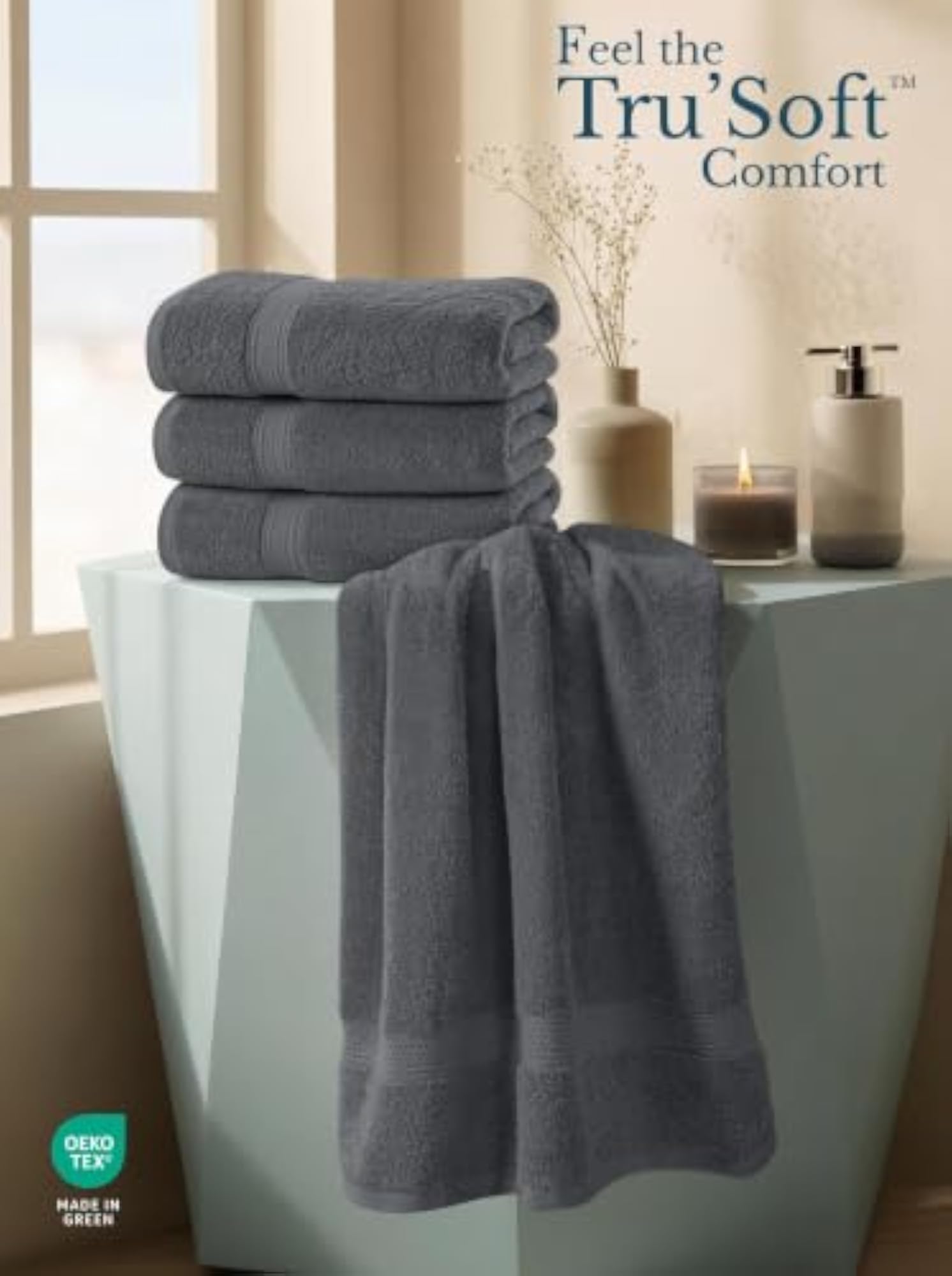 Combed Cotton Bath Towels, 4 Pack, Grey